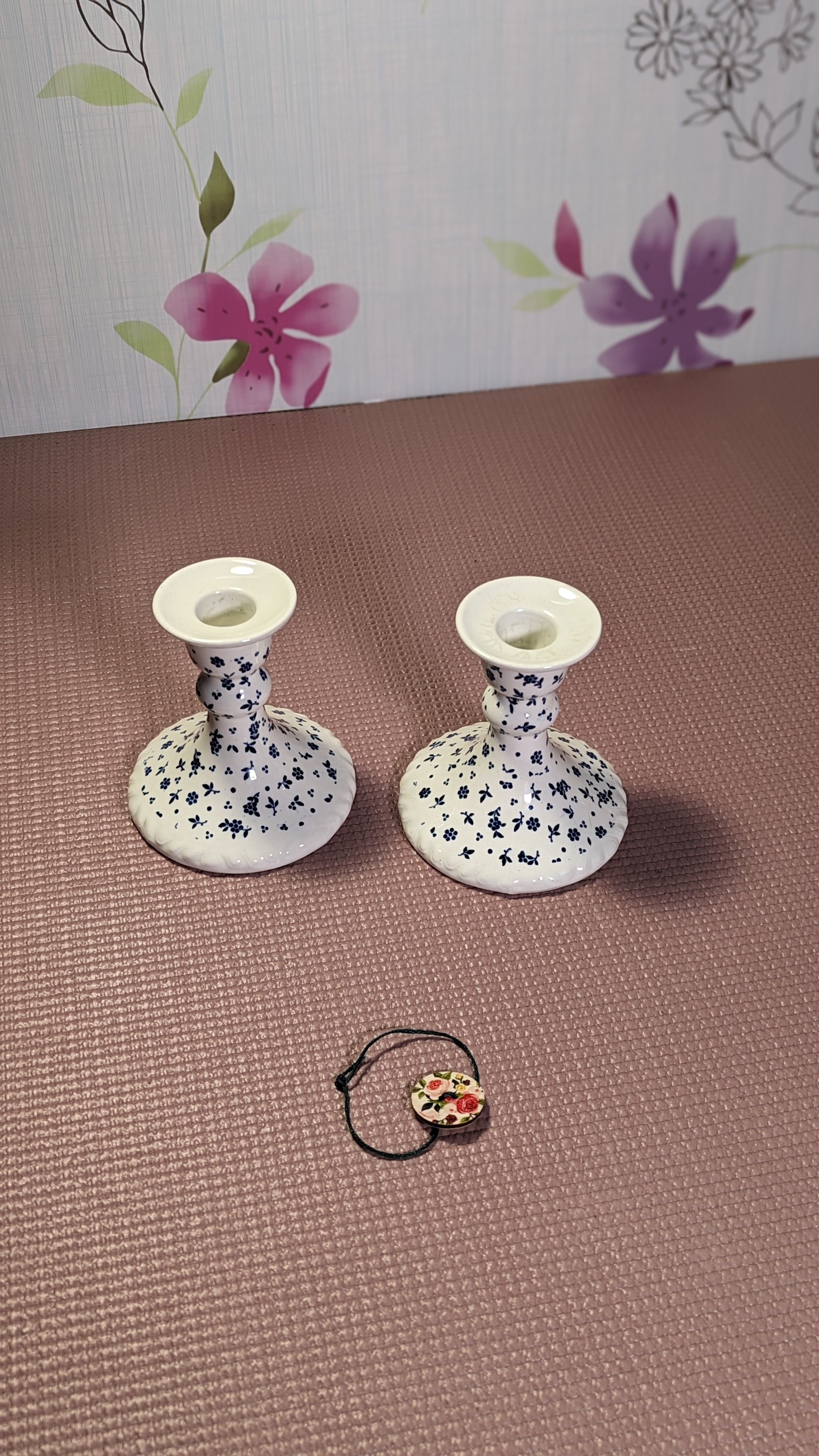 ADAMS ware Candle Stick Holders - White with Blue Daisy 1970s