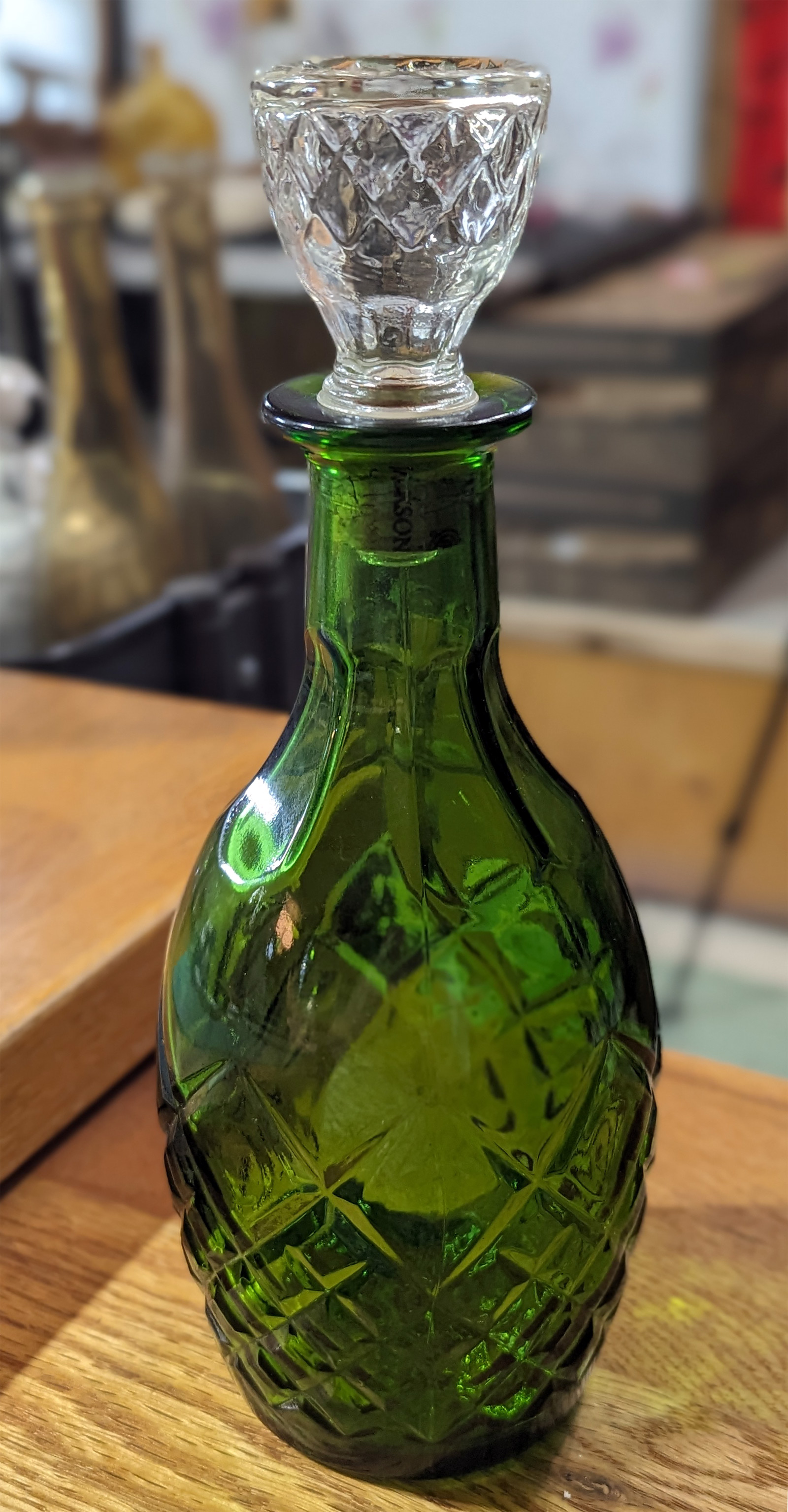 Green Glass Decanter - lidded (1970s)